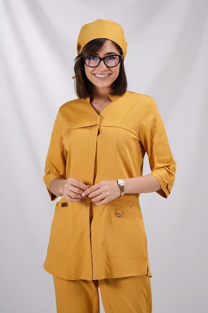 اسکراب زنانه کشی آستین سه ربع خردلی - Image 5